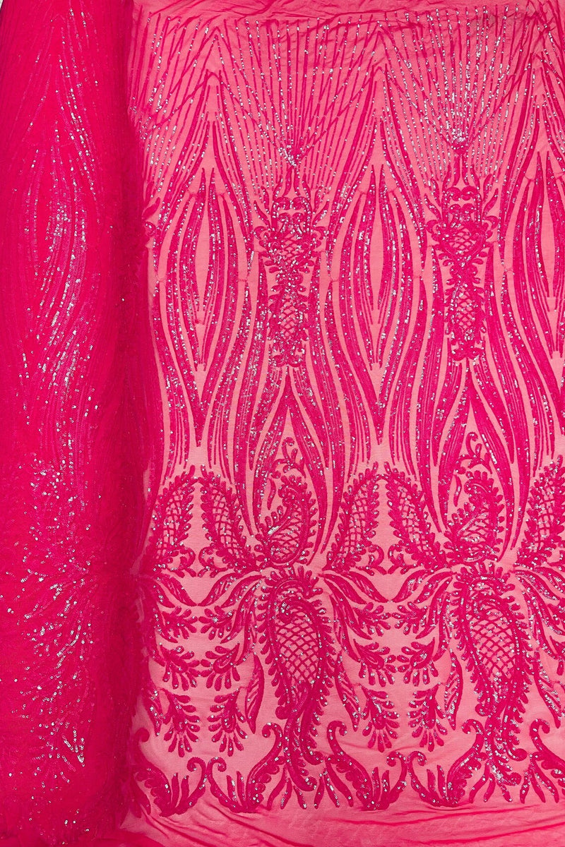 Paisley Lines Sequin Fabric - Hot Pink - 4 Way Stretch Fancy Fabric By The Yard