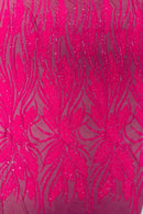 Wavy Leaf Design Fabric - Hot Pink - 4 Way Stretch Sequins Lace Mesh Leaf Design Fabric by Yard