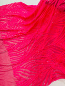 Curvy Design Sequins Fabric - Hot Pink - 4 Way Stretch Curvy Sequins Design Mesh Fabric by Yard