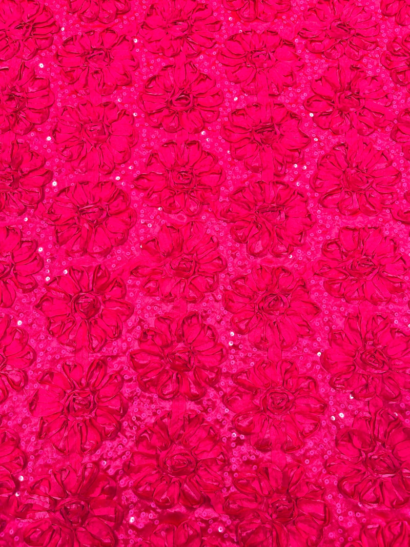 Sequins Satin Rosette Fabric - Hot Pink - 3D Satin Rose Sequins Floral Fabric Sold By The Yard