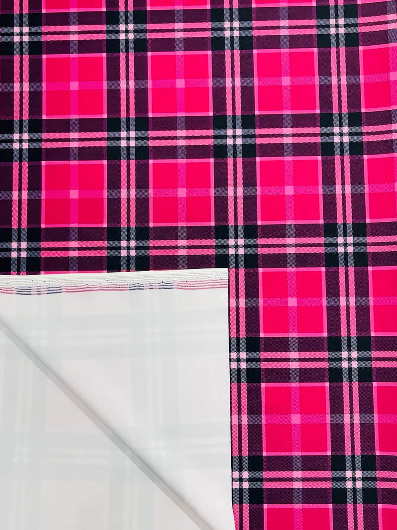 58-60" Plaid Print Milliskin Fabric - Hot Pink - Spandex 4 Way Stretch Plaid Fabric Sold by Yard