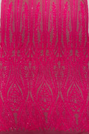 Mermaid Design Fabric - Hot Pink - 4 Way Stretch Sequins Fabric on Lace Mesh Sold By Yard