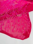 Zig Zag Tear Drop Sequins - Hot Pink - Embroidered Zig Zag Sequins 4 Way Stretch By Yard