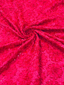 Sequins Satin Rosette Fabric - Hot Pink - 3D Satin Rose Sequins Floral Fabric Sold By The Yard