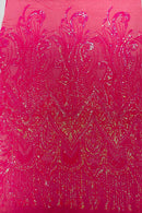 Zig Zag Tear Drop Sequins - Hot Pink - Embroidered Zig Zag Sequins 4 Way Stretch By Yard