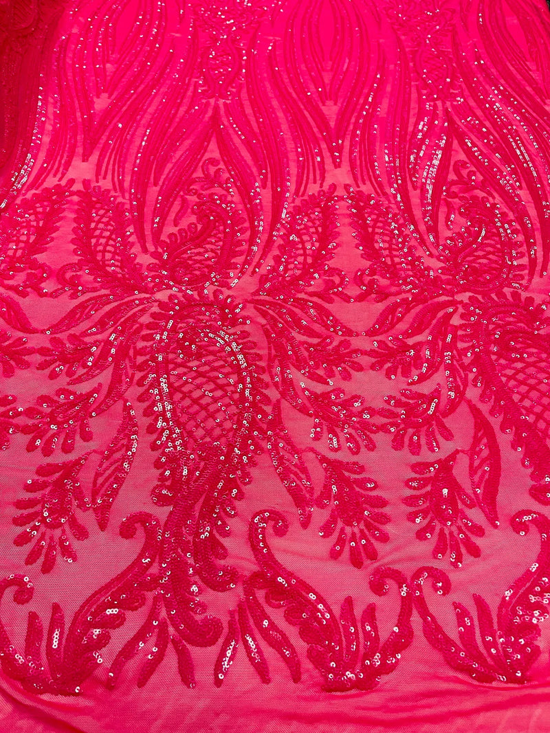 Paisley Lines Sequin Fabric - Hot Pink - 4 Way Stretch Fancy Fabric By The Yard