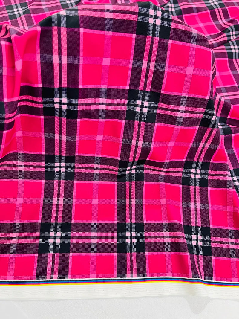 58-60" Plaid Print Milliskin Fabric - Hot Pink - Spandex 4 Way Stretch Plaid Fabric Sold by Yard