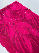 Wavy Leaf Design Fabric - Hot Pink - 4 Way Stretch Sequins Lace Mesh Leaf Design Fabric by Yard