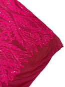 Mermaid Design Fabric - Hot Pink - 4 Way Stretch Sequins Fabric on Lace Mesh Sold By Yard
