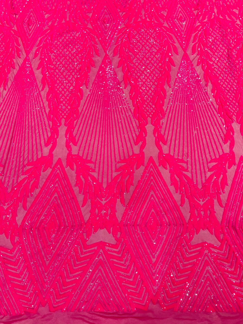 Triangle Pattern Sequins - Hot Pink Iridescent - 4 Way Stretch Fabric Sequins Geometric Design  By Yard