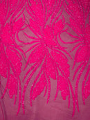 Wavy Leaf Design Fabric - Hot Pink - 4 Way Stretch Sequins Lace Mesh Leaf Design Fabric by Yard