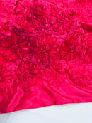 Sequins Satin Rosette Fabric - Hot Pink - 3D Satin Rose Sequins Floral Fabric Sold By The Yard
