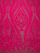 Mermaid Design Fabric - Hot Pink - 4 Way Stretch Sequins Fabric on Lace Mesh Sold By Yard