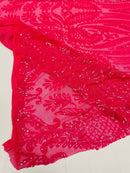 Paisley Lines Sequin Fabric - Hot Pink - 4 Way Stretch Fancy Fabric By The Yard