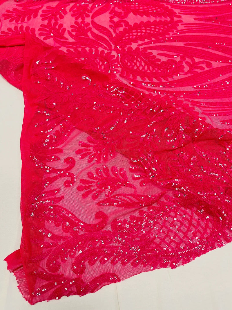 Paisley Lines Sequin Fabric - Hot Pink - 4 Way Stretch Fancy Fabric By The Yard