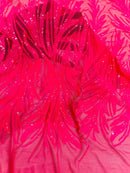 Leaf Stretch Sequins Fabric - Hot Pink - 4 Way Stretch Sequins on Lace Mesh Fabric by Yard