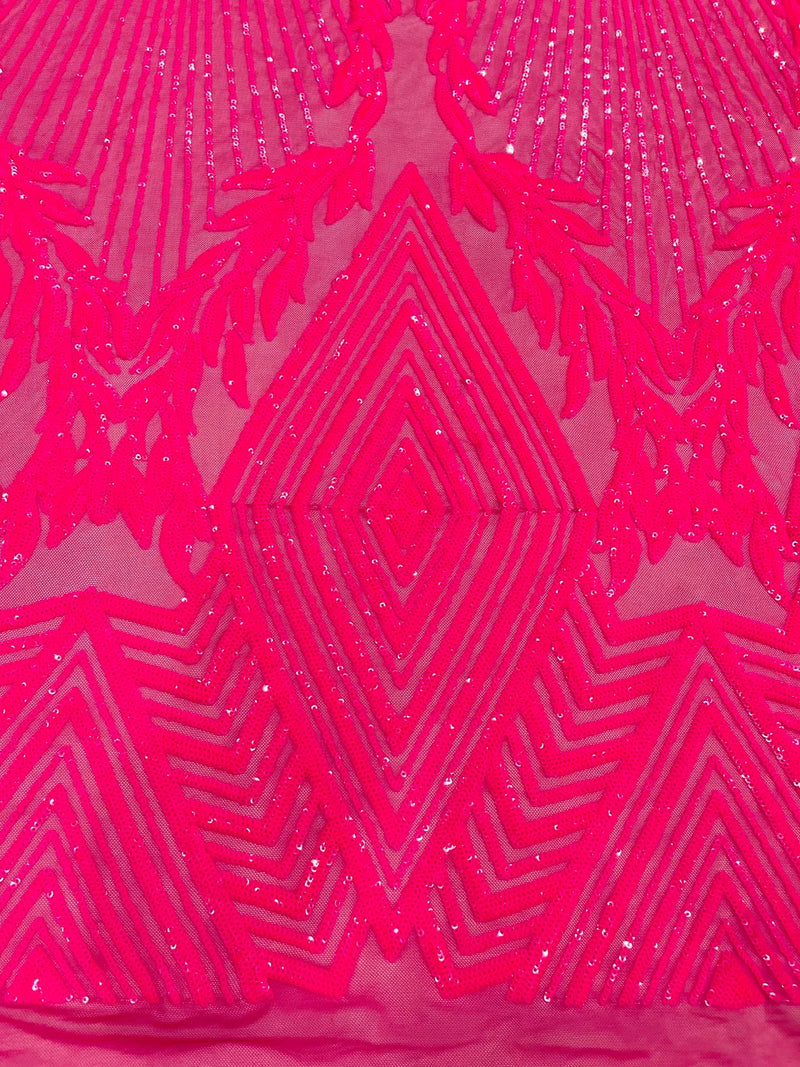 Triangle Pattern Sequins - Hot Pink Iridescent - 4 Way Stretch Fabric Sequins Geometric Design  By Yard