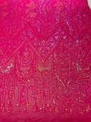 Zig Zag Tear Drop Sequins - Hot Pink - Embroidered Zig Zag Sequins 4 Way Stretch By Yard
