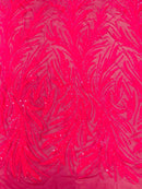 Leaf Stretch Sequins Fabric - Hot Pink - 4 Way Stretch Sequins on Lace Mesh Fabric by Yard