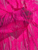 Wavy Leaf Design Fabric - Hot Pink - 4 Way Stretch Sequins Lace Mesh Leaf Design Fabric by Yard