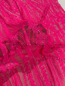 Mermaid Design Fabric - Hot Pink - 4 Way Stretch Sequins Fabric on Lace Mesh Sold By Yard