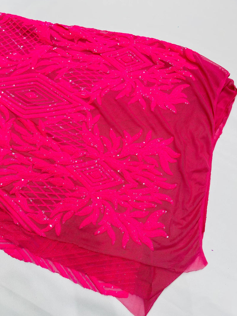 Triangle Pattern Sequins - Hot Pink Iridescent - 4 Way Stretch Fabric Sequins Geometric Design  By Yard