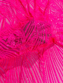 Curvy Design Sequins Fabric - Hot Pink - 4 Way Stretch Curvy Sequins Design Mesh Fabric by Yard