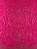 Mermaid Design Fabric - Hot Pink - 4 Way Stretch Sequins Fabric on Lace Mesh Sold By Yard