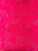 Curvy Design Sequins Fabric - Hot Pink - 4 Way Stretch Curvy Sequins Design Mesh Fabric by Yard