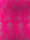 Wavy Leaf Design Fabric - Hot Pink - 4 Way Stretch Sequins Lace Mesh Leaf Design Fabric by Yard