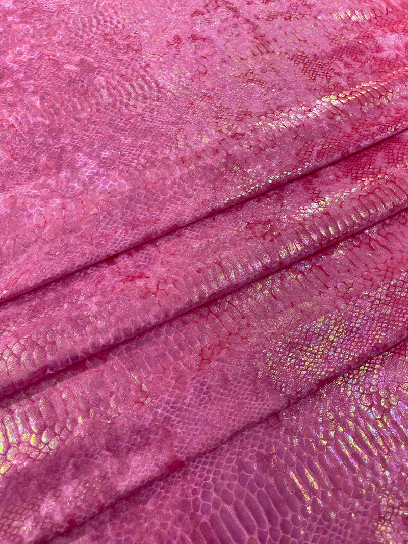 Anaconda Foil Velvet - Hot Pink Illusion - Shiny Foil Velvet Anaconda Snake Print Fabric Sold By The Yard