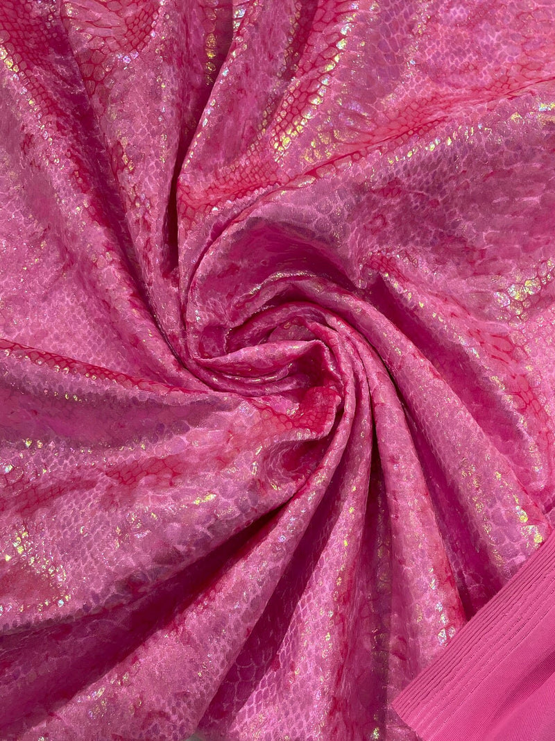 Anaconda Foil Velvet - Hot Pink Illusion - Shiny Foil Velvet Anaconda Snake Print Fabric Sold By The Yard