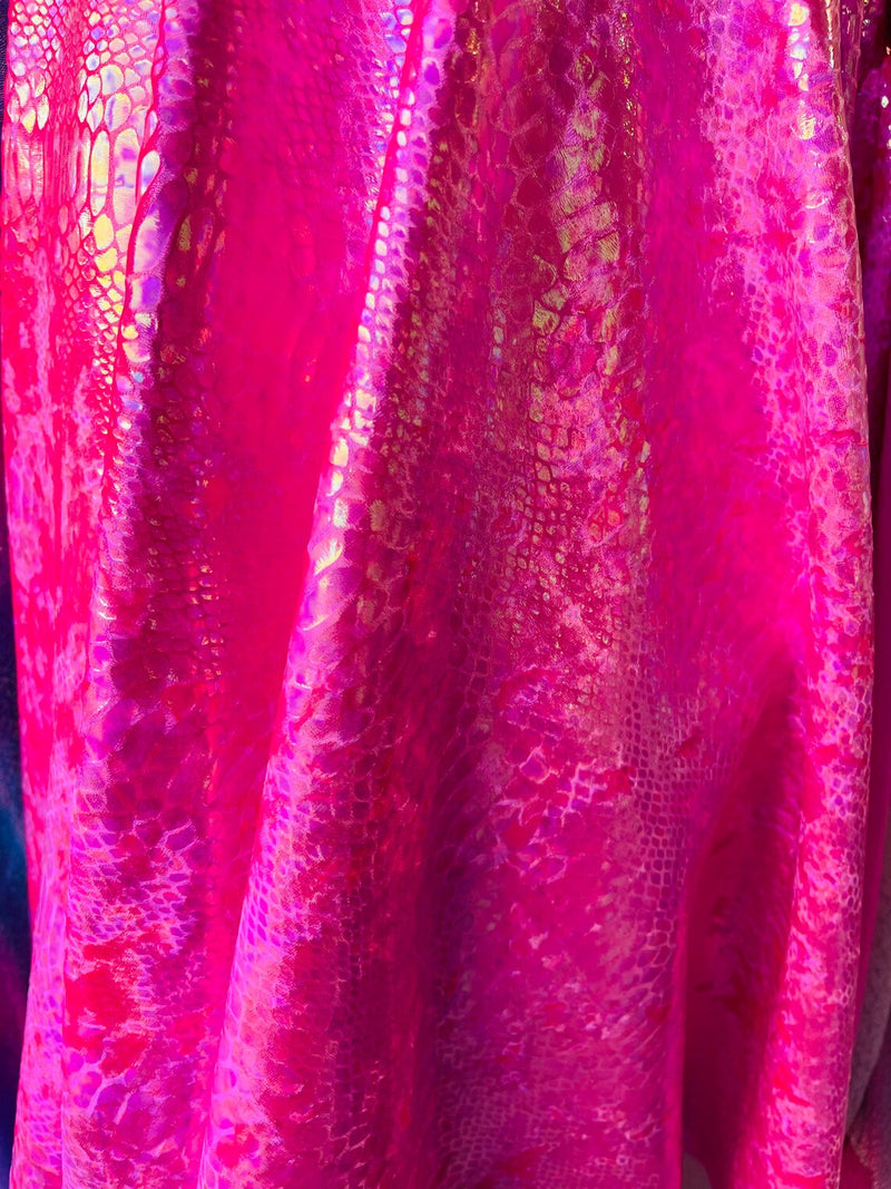 Anaconda Foil Velvet - Hot Pink Illusion - Shiny Foil Velvet Anaconda Snake Print Fabric Sold By The Yard