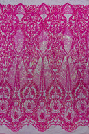Damask Sequins Fabric - Hot Pink Iridescent - Shiny Sequin Design on 4 Way Stretch Black Mesh Fabric By Yard