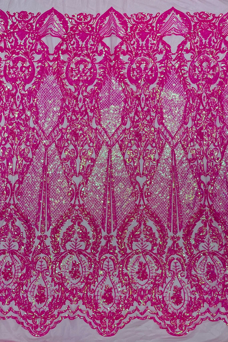 Damask Sequins Fabric - Hot Pink Iridescent - Shiny Sequin Design on 4 Way Stretch Black Mesh Fabric By Yard