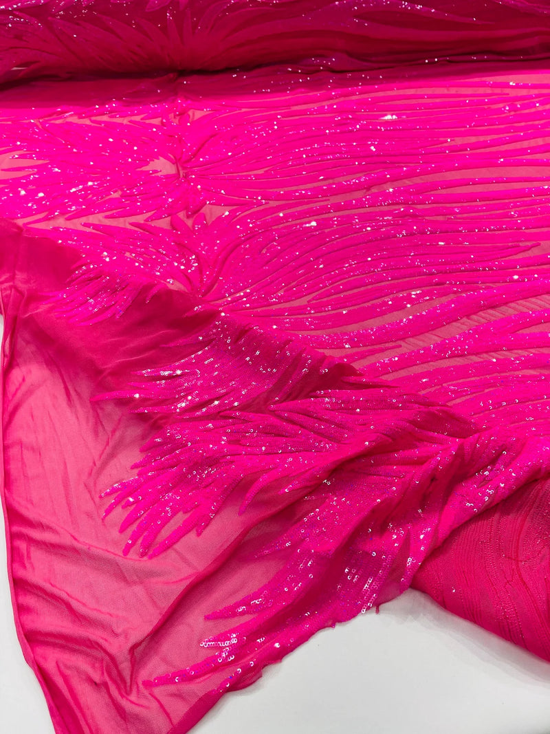 Angel Wings Sequins Fabric - Hot Pink Iridescent - 4 Way Stretch Feather Wings Sequins Design By Yard