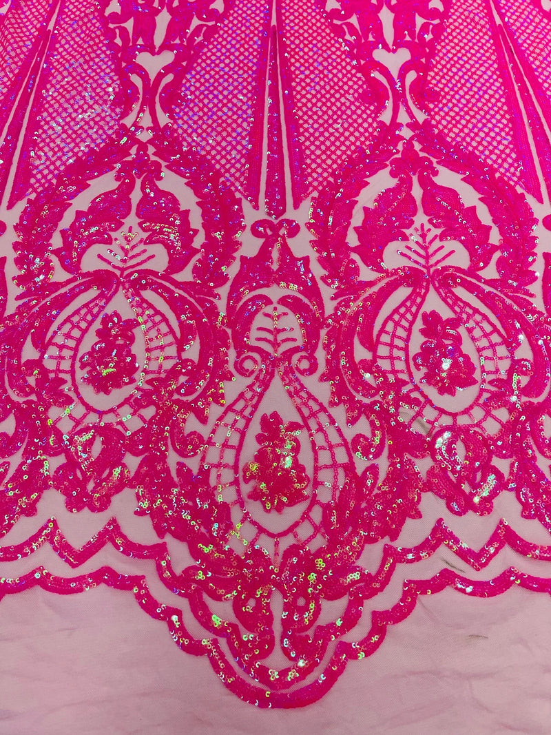 Damask Sequins Fabric - Hot Pink Iridescent - Shiny Sequin Design on 4 Way Stretch Black Mesh Fabric By Yard