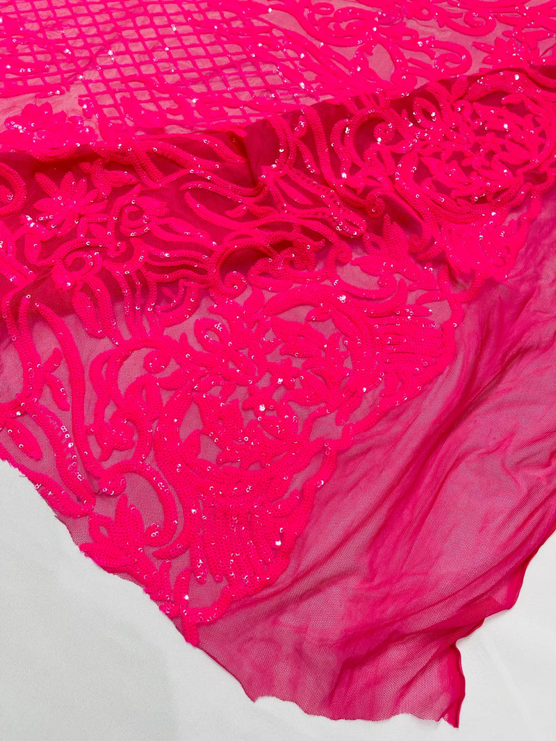 4 Way Stretch Fabric Design - Hot Pink Iridescent - Fancy Net Sequins Design Fabric By Yard
