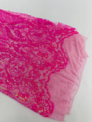 Damask Sequins Fabric - Hot Pink Iridescent - Shiny Sequin Design on 4 Way Stretch Black Mesh Fabric By Yard