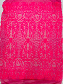 4 Way Stretch Fabric Design - Hot Pink Iridescent - Fancy Net Sequins Design Fabric By Yard