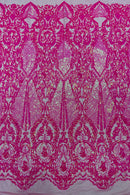 Damask Sequins Fabric - Hot Pink Iridescent - Shiny Sequin Design on 4 Way Stretch Black Mesh Fabric By Yard