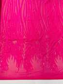 Angel Wings Sequins Fabric - Hot Pink Iridescent - 4 Way Stretch Feather Wings Sequins Design By Yard