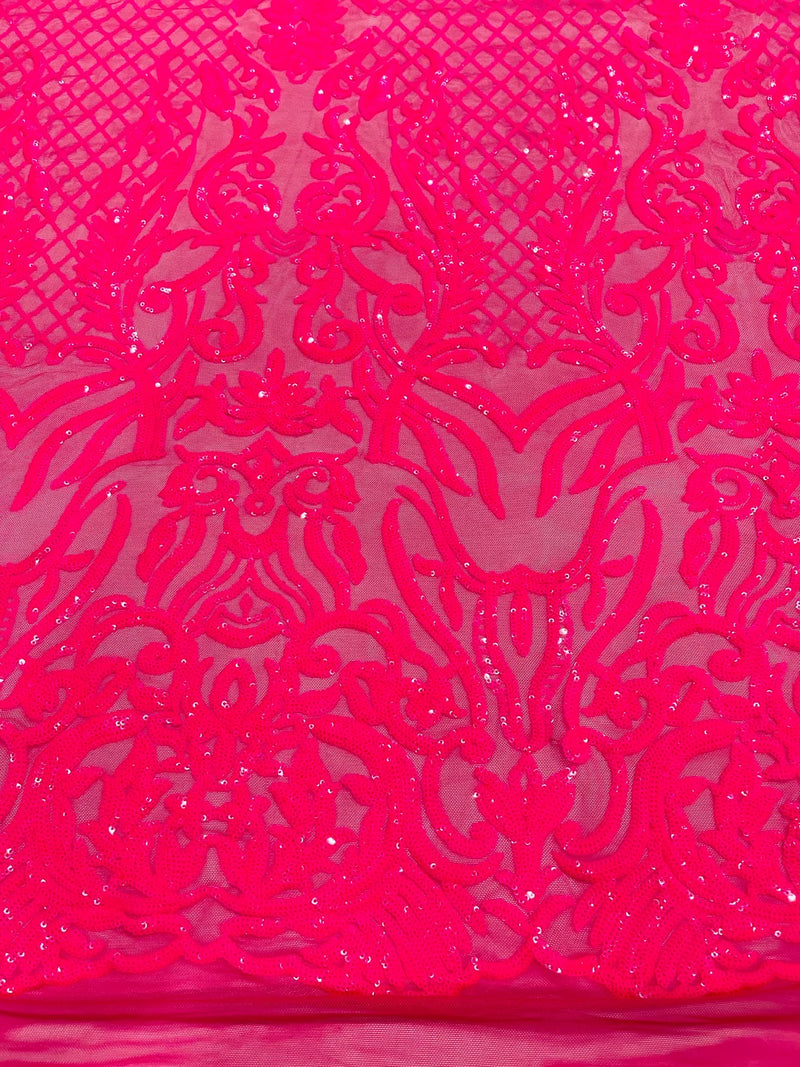 4 Way Stretch Fabric Design - Hot Pink Iridescent - Fancy Net Sequins Design Fabric By Yard