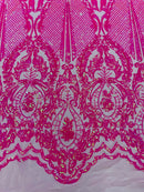 Damask Sequins Fabric - Hot Pink Iridescent - Shiny Sequin Design on 4 Way Stretch Black Mesh Fabric By Yard
