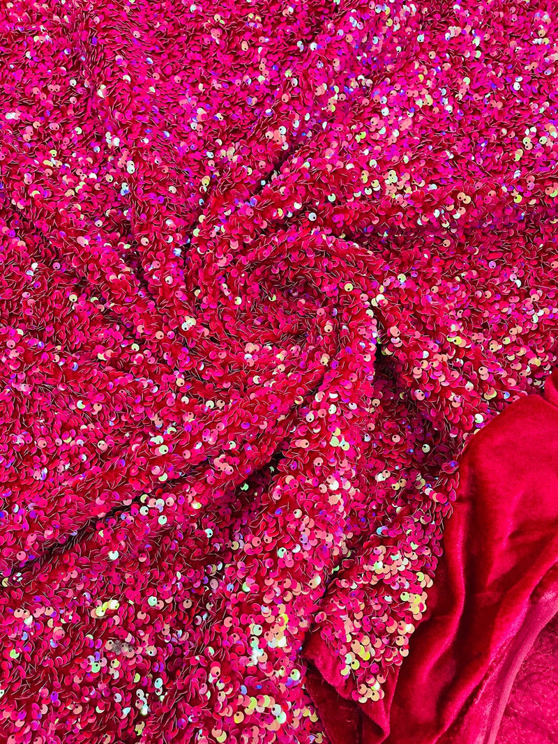 58/60" Velvet Sequins Stretch Fabric - Hot Pink Iridescent