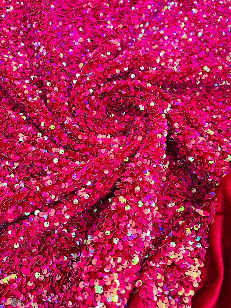 58/60" Velvet Sequins Stretch Fabric - Hot Pink Iridescent