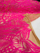 Iridescent Sequin Fabric - Hot Pink on Nude - 4 Way Stretch Royalty Lace Sequin By Yard