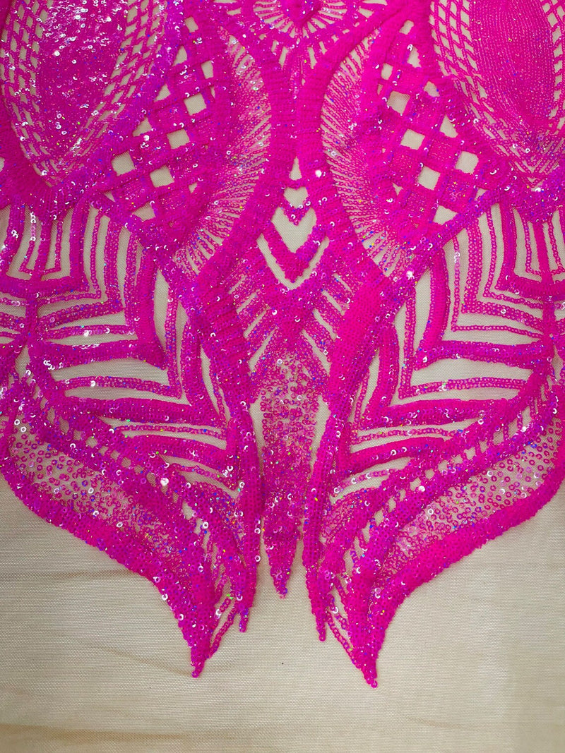 Iridescent Sequin Fabric - Hot Pink on Nude - 4 Way Stretch Royalty Lace Sequin By Yard