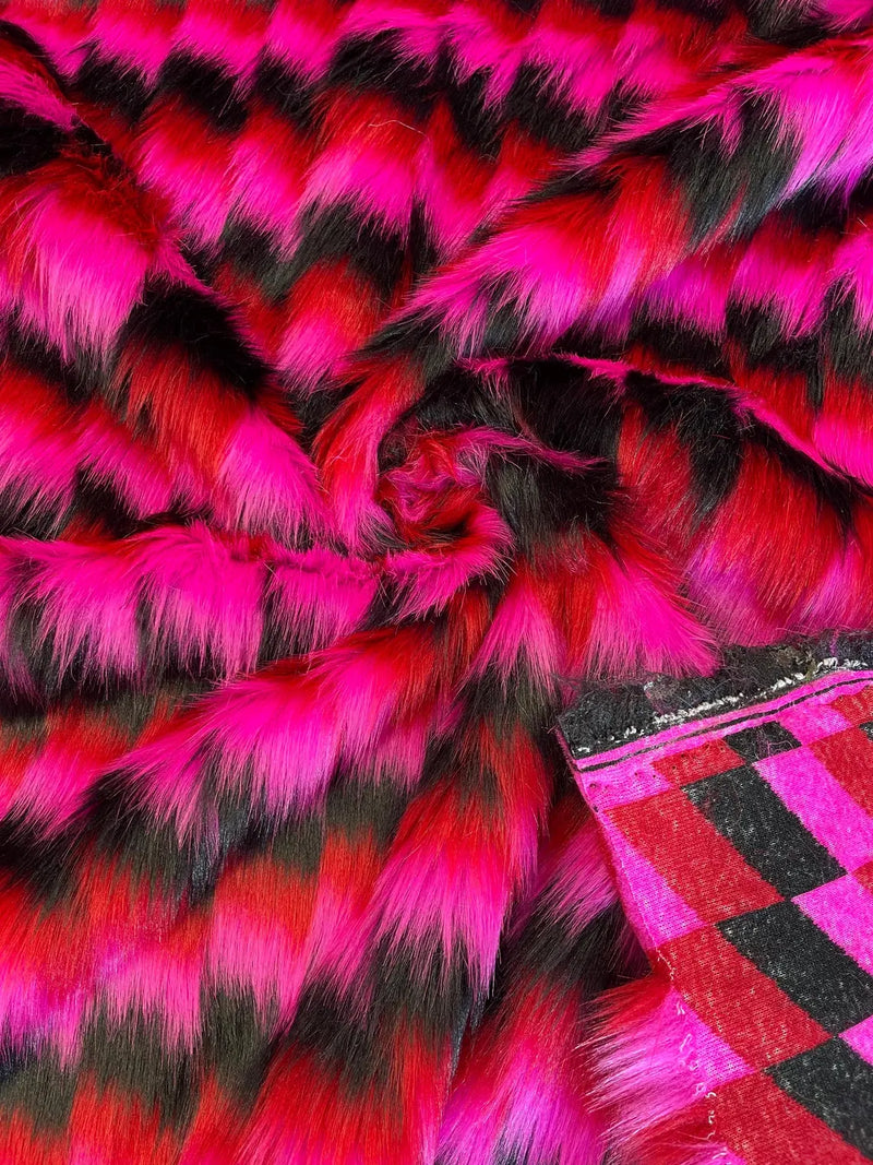 60" Zig Zag Faux Fur - Hot Pink / Black / Red -  Three Tone Print Soft Faux Fur Fabric By Yard