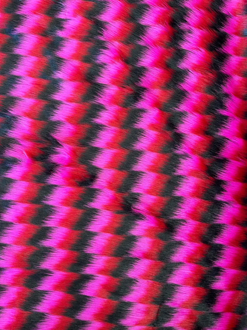 60" Zig Zag Faux Fur - Hot Pink / Black / Red -  Three Tone Print Soft Faux Fur Fabric By Yard